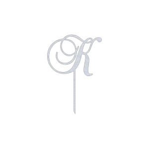 Elegant K monogram letter cake topper with swirl script design, crafted from aluminum with a natural aluminum finish. Measures 7.5 inches wide by 11.0 inches high. Perfect for adding a personalized touch to cakes.